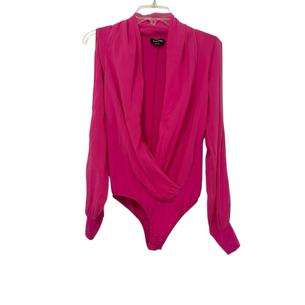 Bebe Medium Hot Pink Faux Wrap Silk Slit Sleeve Bodysuit Preppy Club Party